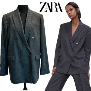 Zara charcoal gray wool blend pinstripe double breasted blazer Sz L professional